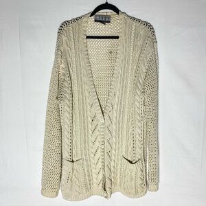 Vintage Linea Privata Cream Ecru Cotton Cable Knit Long Cardigan Sweater M